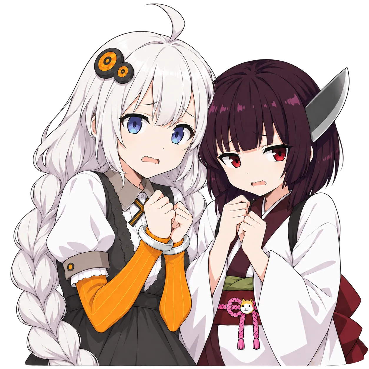 不安そうに身を寄せる紲星あかりと東北きりたん