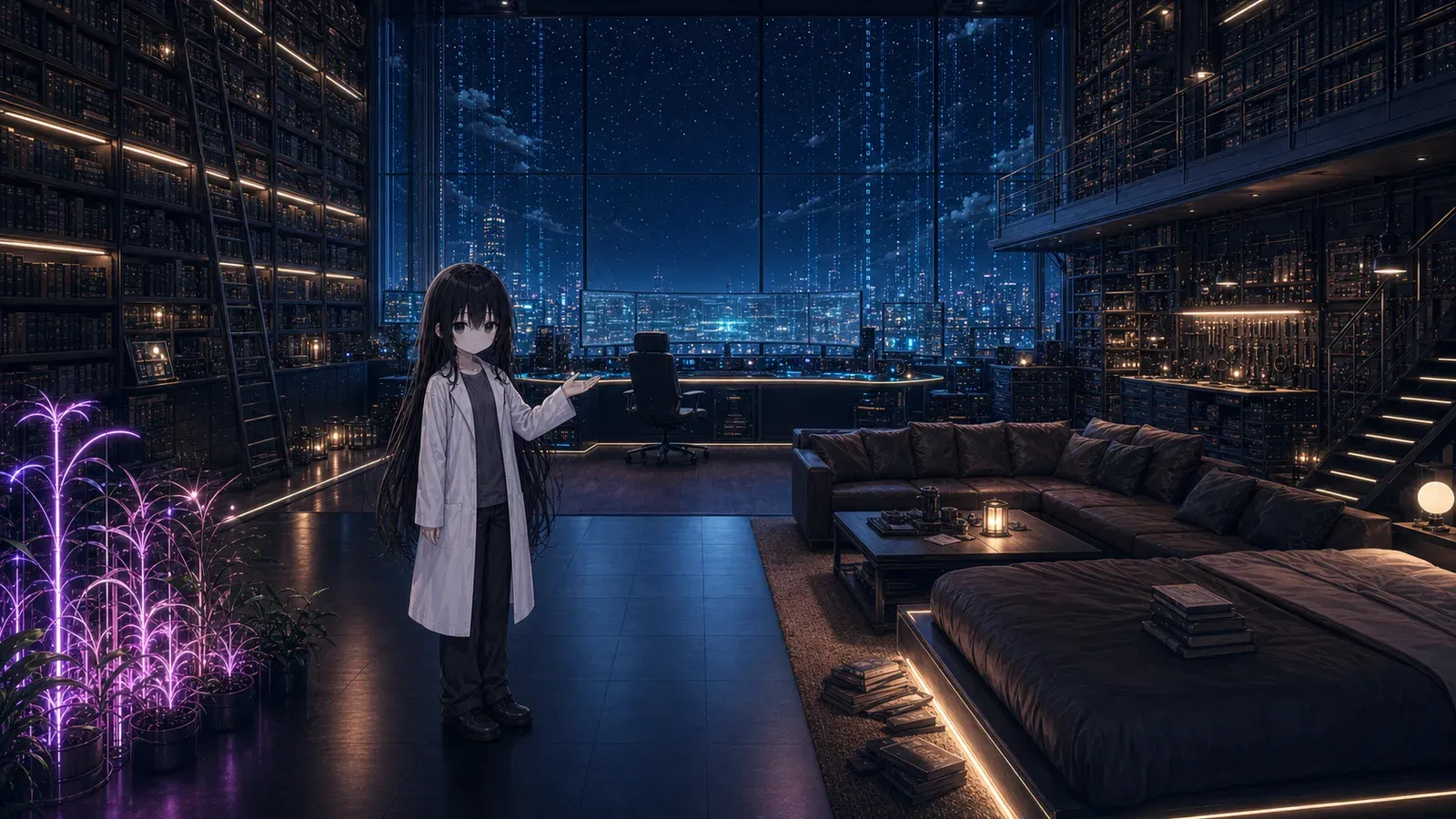 凜の部屋の全景。全面窓の夜景と吹き抜けの本棚があるワンルームスタジオ