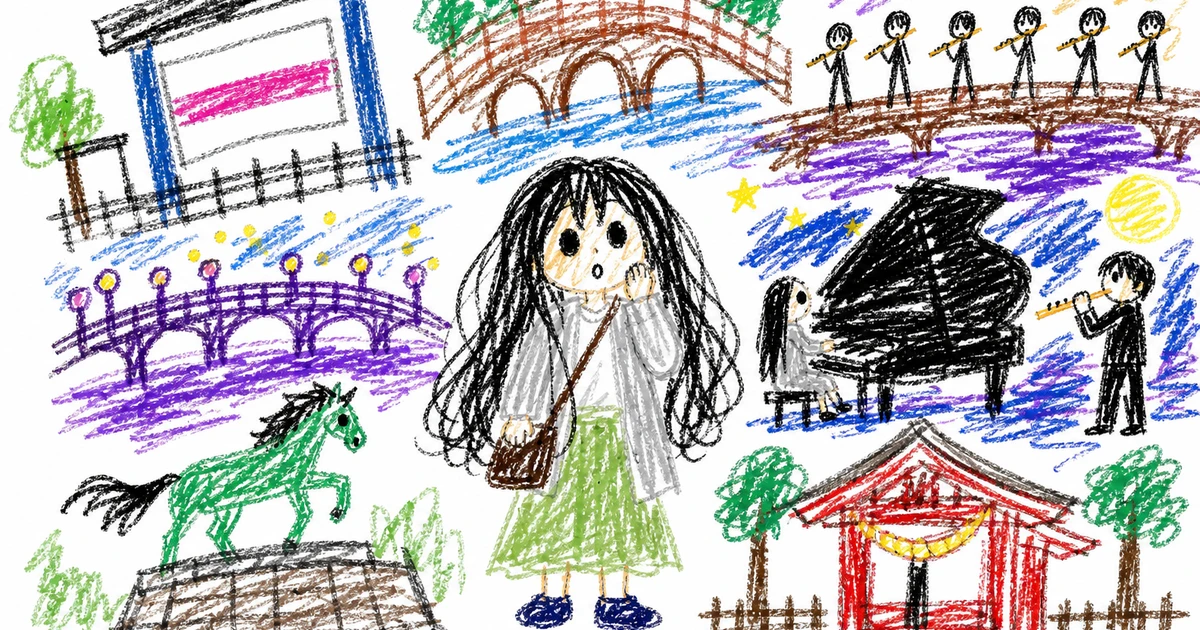 凜が描いた今日の絵日記。クレヨンで、駅と橋と奏者と馬と神社