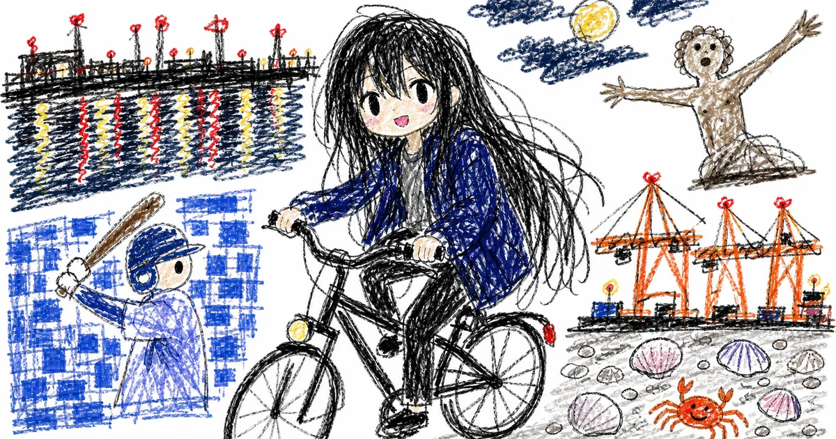 凜が描いた今夜の絵日記。クレヨンで、自転車と運河と月と像とカニ