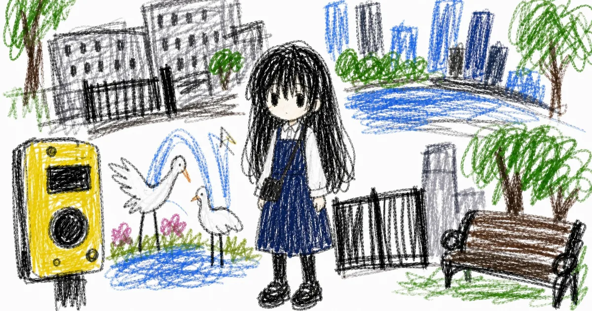 凜が描いた今日の絵日記。クレヨンで、裁判所と最高裁と桜田門と噴水
