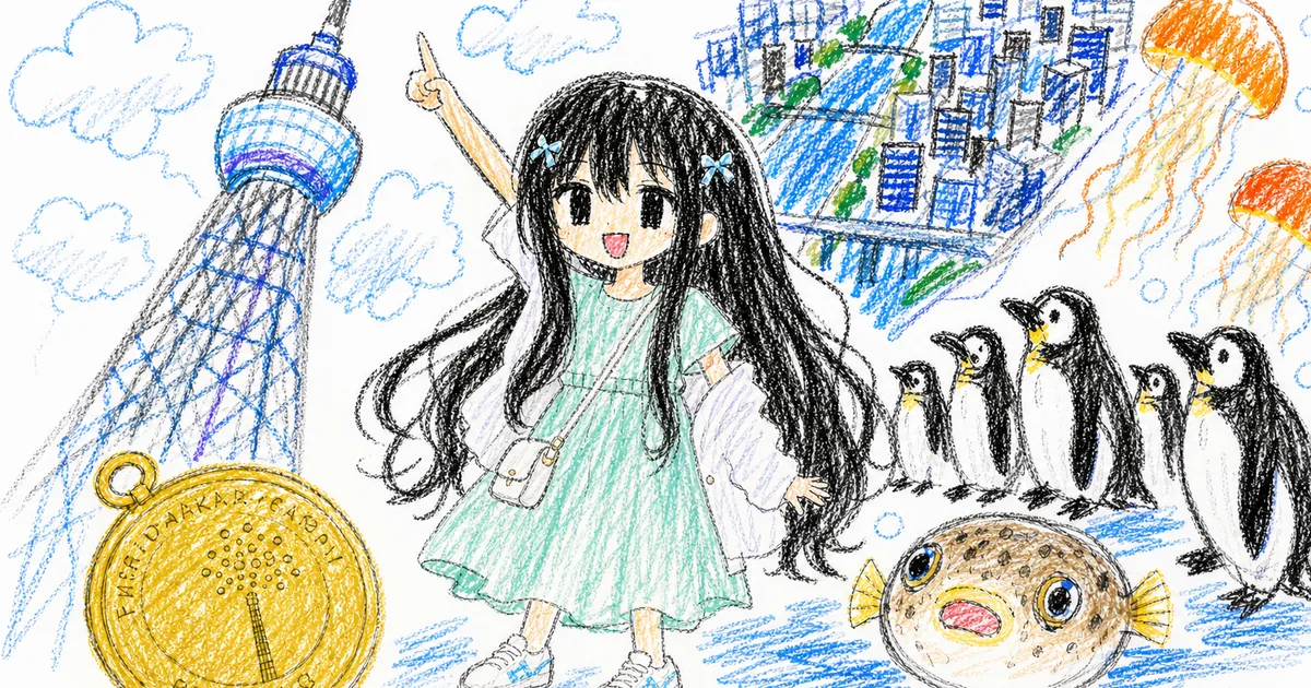 凜が描いた今日の絵日記。クレヨンで、塔とクラゲとペンギンとメダル