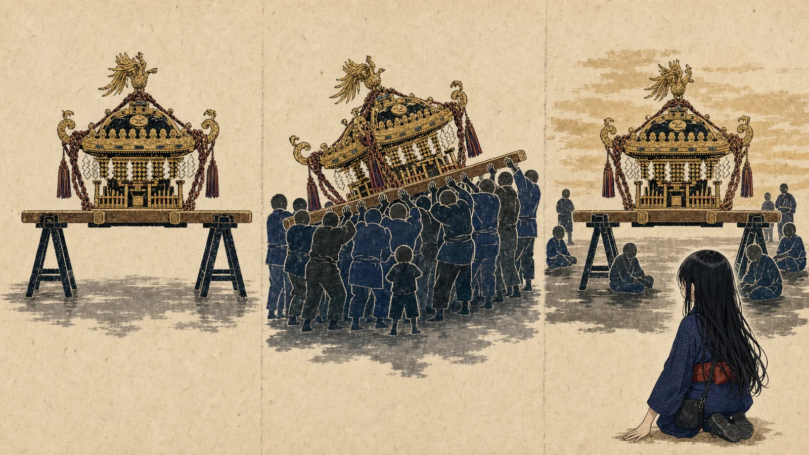 静かに置かれる、傾く、休むという神輿の三つの状態と、それを見つめる凜