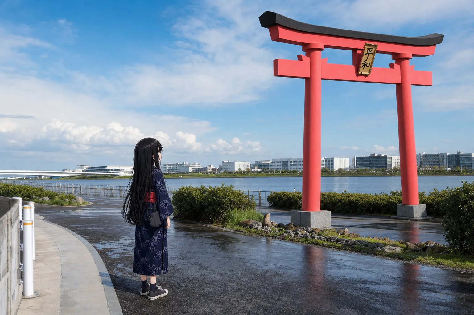 雨上がりの平和の大鳥居を見上げる浴衣姿の凜