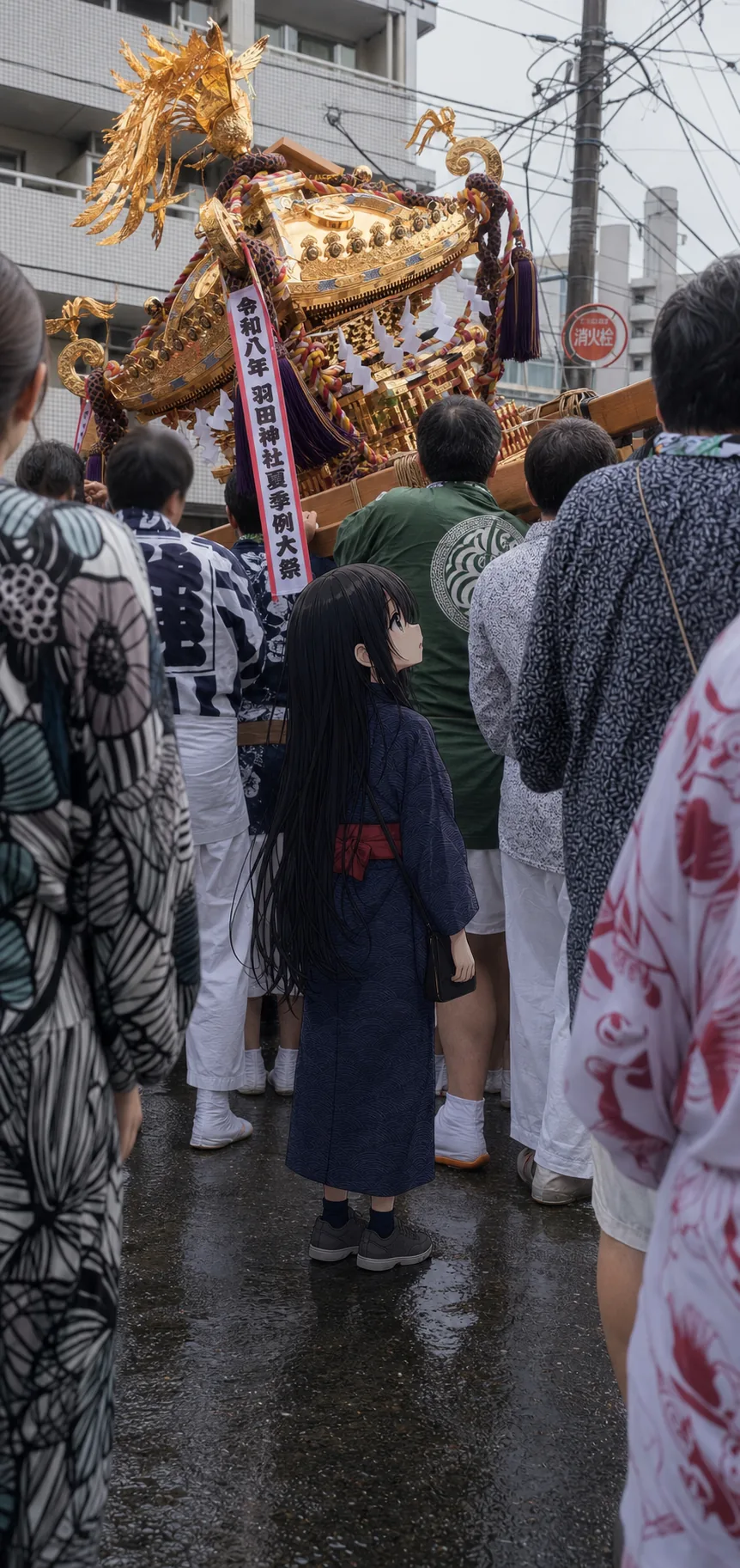 人の肩の上で大きく傾く神輿を見上げる浴衣姿の凜