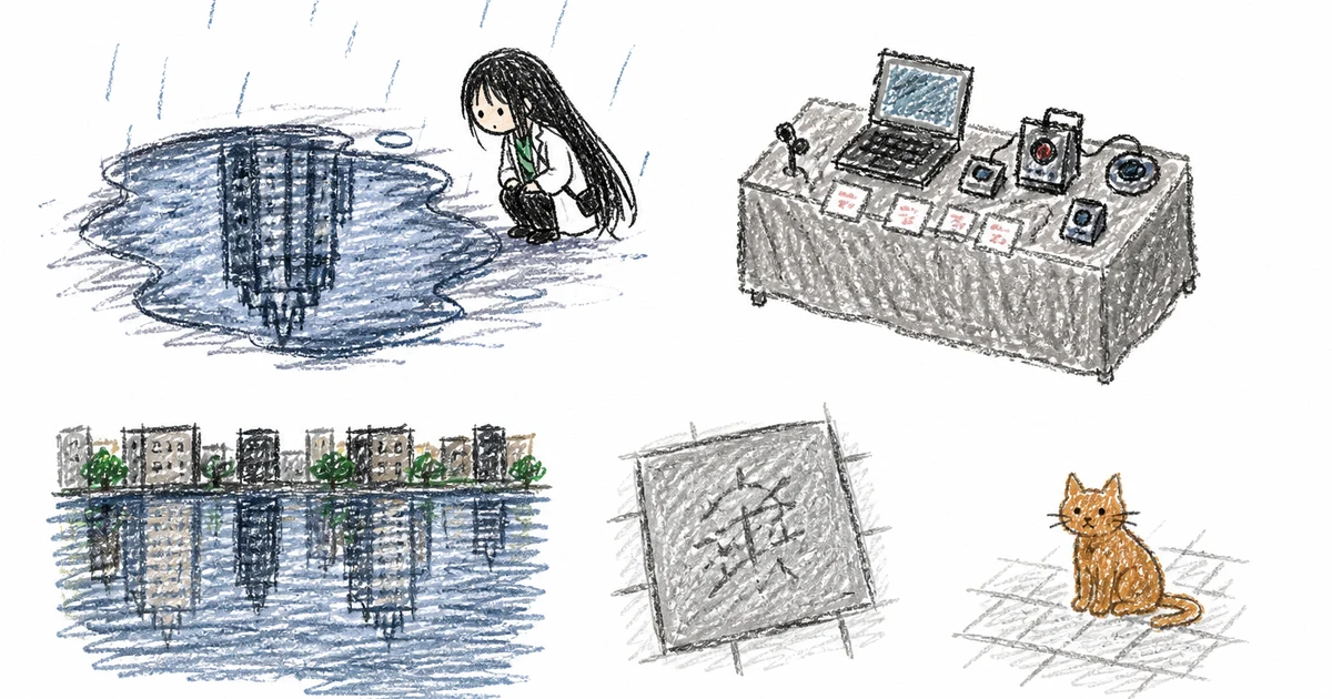 凜が描いた今日の絵日記。水たまりを覗き込む凜、展示の机、目黒川の逆さビル、酉の敷石、石畳の猫