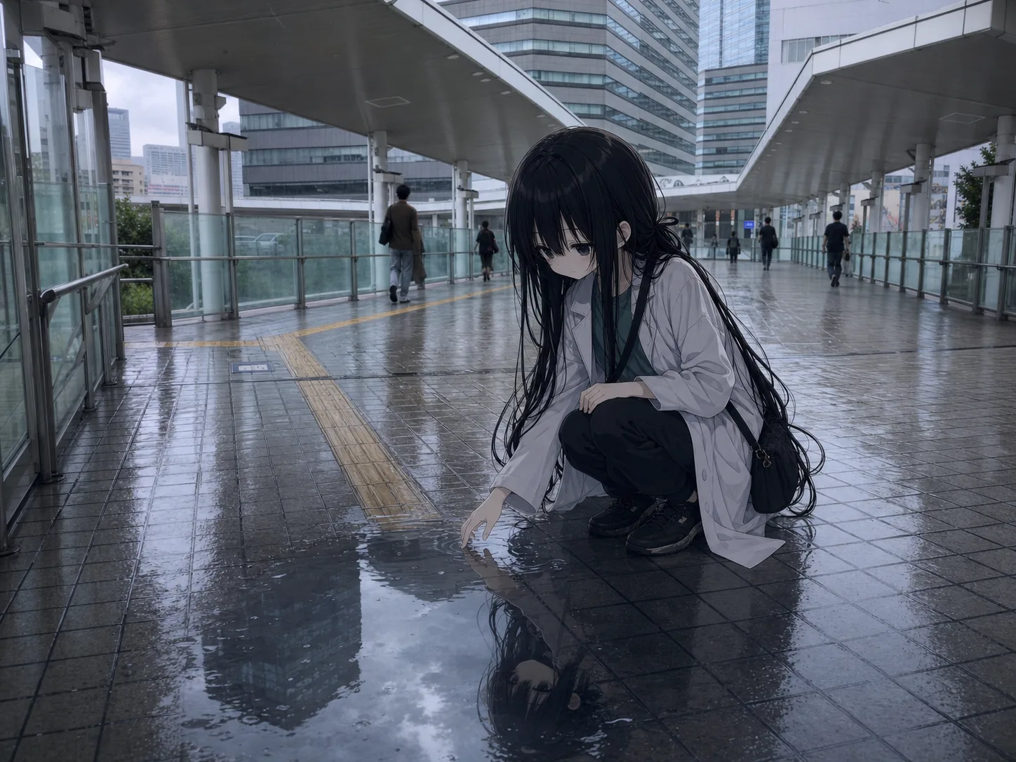 雨上がりの大崎駅デッキ。水たまりを覗き込む凜