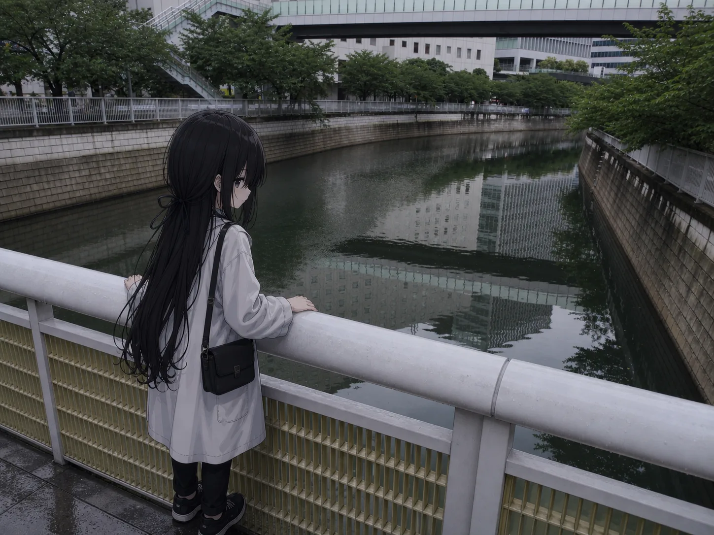目黒川の水鏡を見下ろす凜
