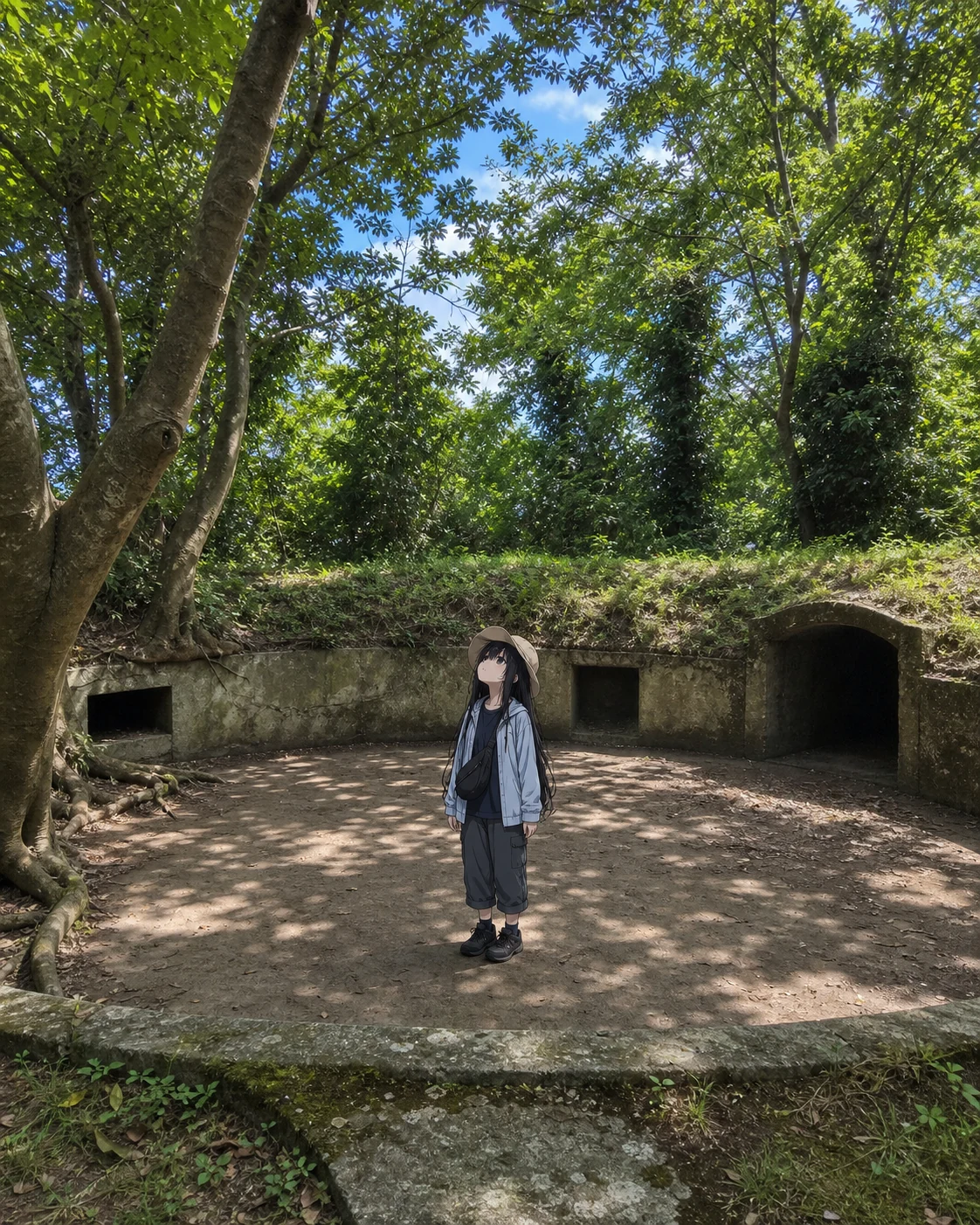木々に囲まれた円形の砲座跡。円の中央に立った凜が空を見上げている。左手前の大木の根が円の縁まで這っている