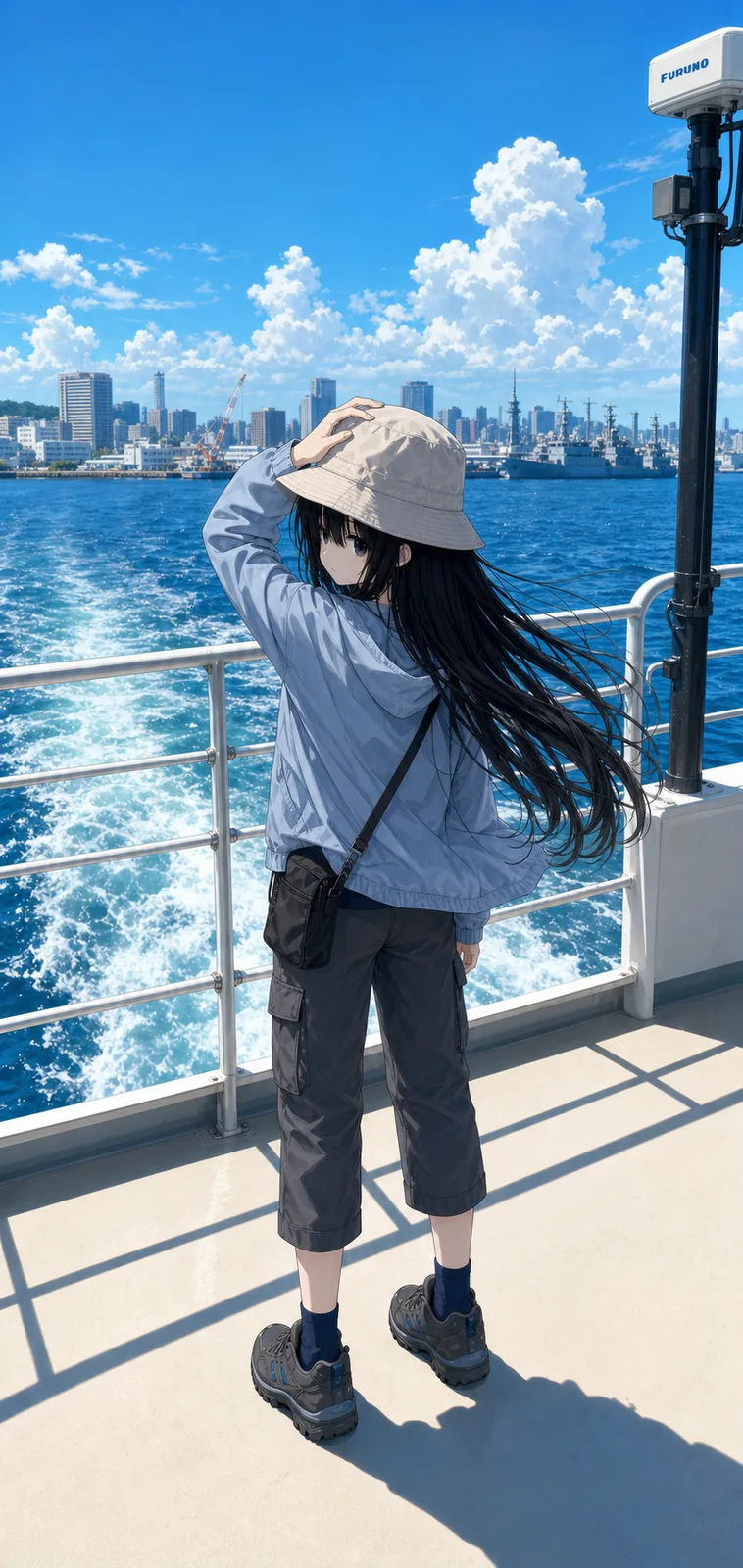 帰港前の船上デッキで、生成り色の帽子を押さえながら横須賀の街を見る凜。長い黒髪が海風になびいている