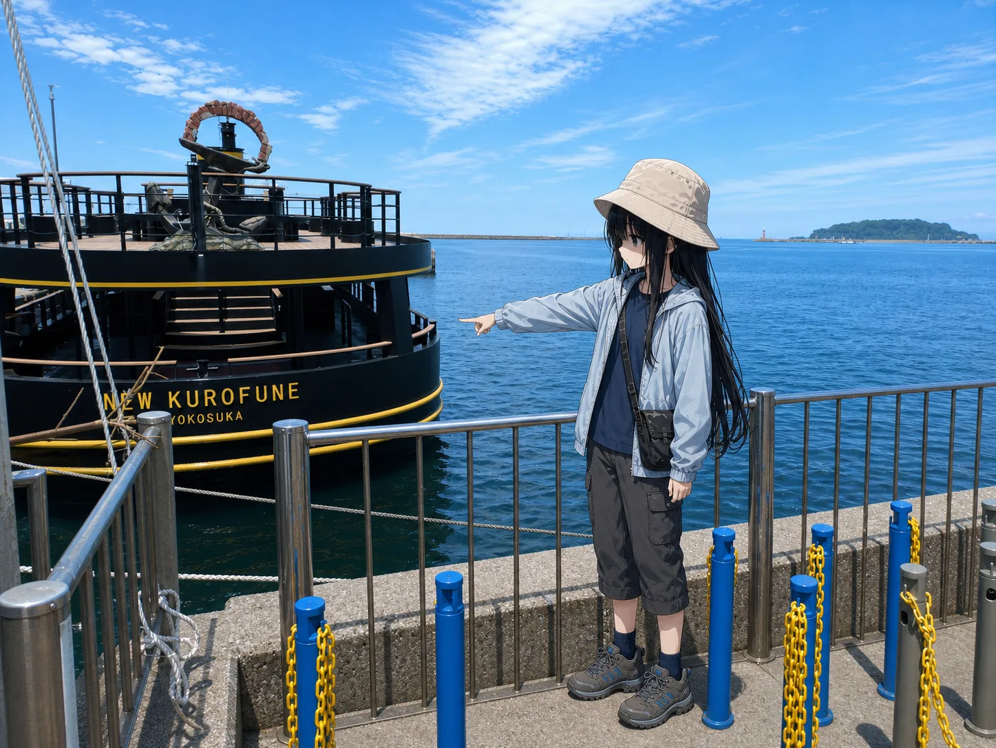 三笠桟橋に停泊する黒い船NEW KUROFUNEを、船名のあたりを見上げる凜