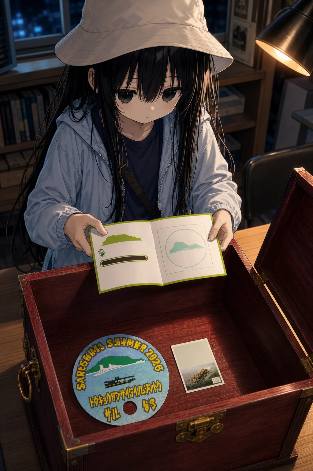 赤茶色の木製宝箱の内側から見上げた凜。生成り色の帽子と薄い青灰色の上着のまま、青緑の島影を押した台紙を箱へ置こうとしている。箱の底には往復乗船券と丸いうちわがある