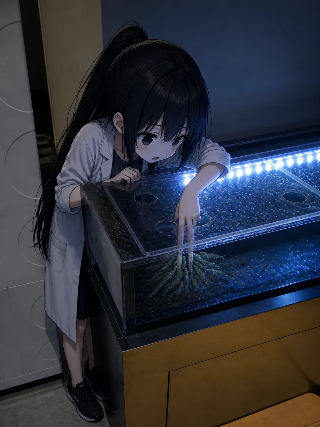 水槽のフタから指を差し入れ、青白いライトの下で魚に群がられている凜。口を開けたまま手元を見ている