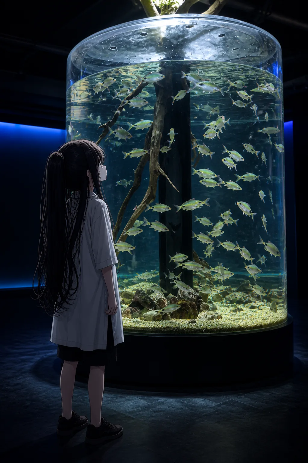 暗い展示室で、光っている円筒水槽を横から見上げる凜。左右の壁には青いパネルの光が残っている
