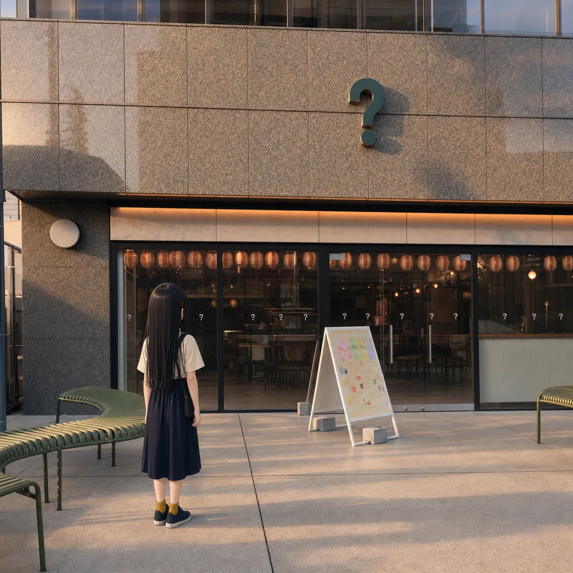 夕方の歩道に凜が後ろ姿で立ち、店の正面と、その入口の上の壁にひとつだけ付いた緑の「?」に向き合っている。両腕は体の脇に下ろし、黒い小さなポーチが左の腰に下がっている。左右に緑の曲線ベンチ、右に白いA看板。ガラス面には小さな「?」が点々と貼られ、内側に、淡い色の胴の中ほどへ赤い帯を巻いた提灯が横一列に連なる。低い日が右から差して、「?」と看板の影が左へ伸びている
