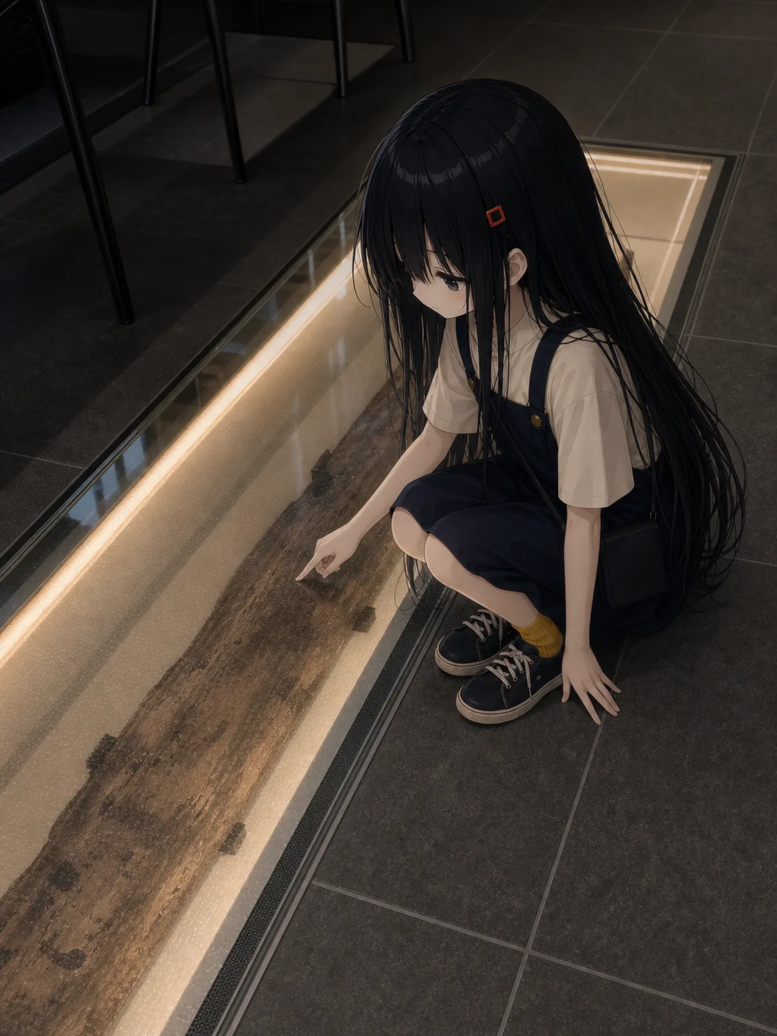 床のガラスケースの縁で凜がしゃがみ、体を起こしたまま顔を左のケースのほうへ向けている。左手は床のタイルについて体を支え、右手の人差し指を、ガラスの上から中の松杭へ向けて伸ばしている。ケースの中の照明が下から凜の顔と手を照らし、周りの床は暗い