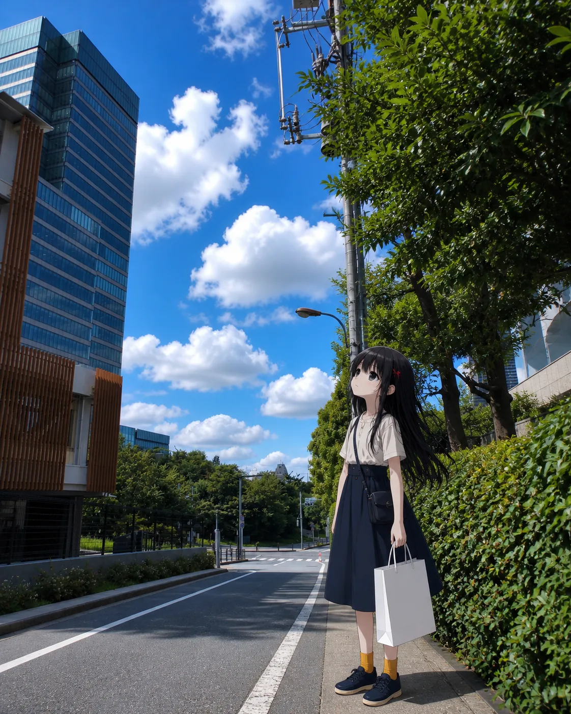 青空と積雲の下の下り坂。左奥にガラス張りの高層ビル、右は生垣と街路樹、中央に下っていく車道と白い車線。凜は右手前の歩道に立ち、白い紙袋を左手に提げて空を見上げている