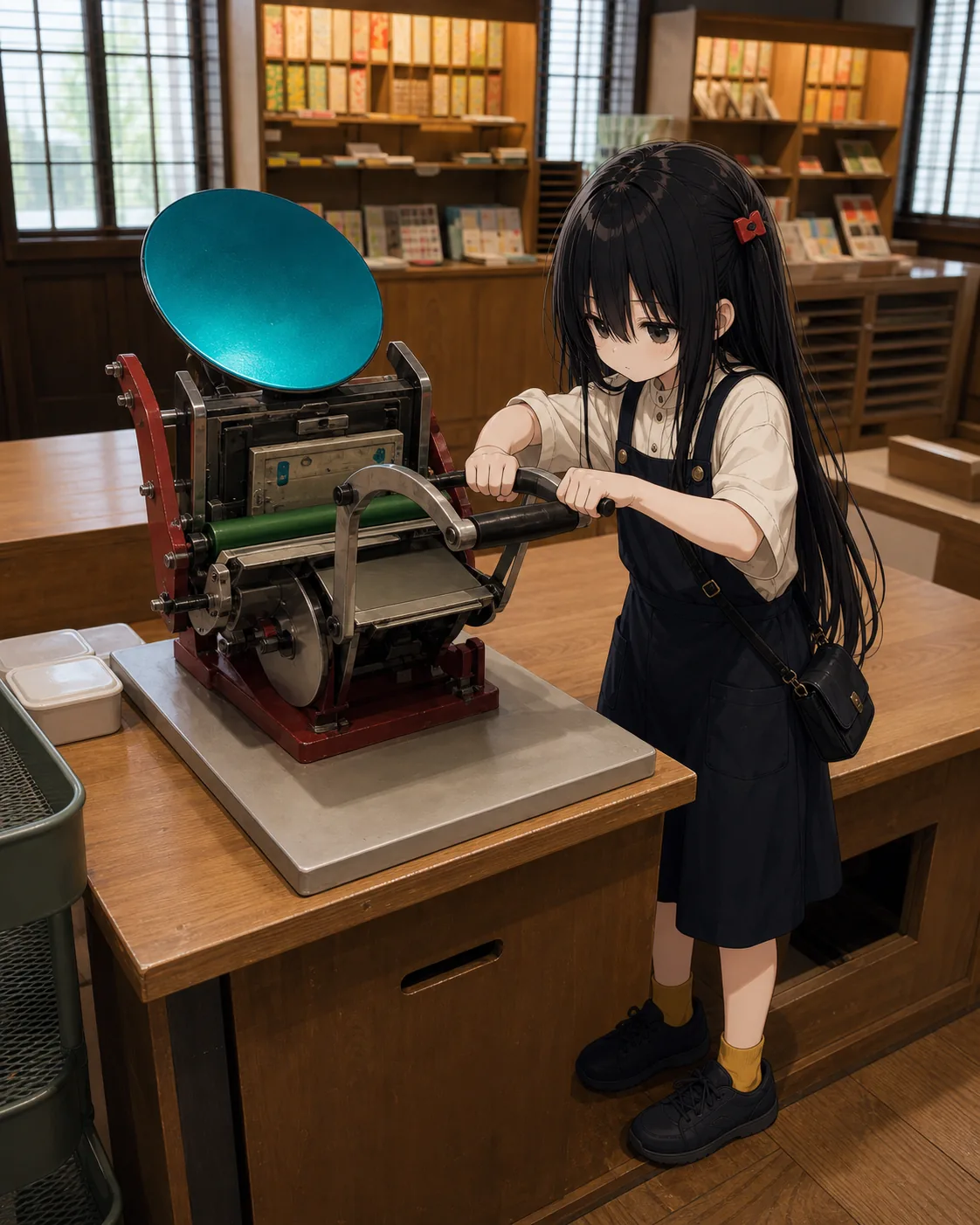 木のカウンターに据えられた赤い機体のテキン(卓上活版印刷機)。上部に緑青色の円いインキ盤、中央に緑のローラー。凜は右から身を乗り出して両手でハンドルを握り、手前へ引き下ろしている。視線はハンドルではなく、版と紙が触れる位置へ向いている