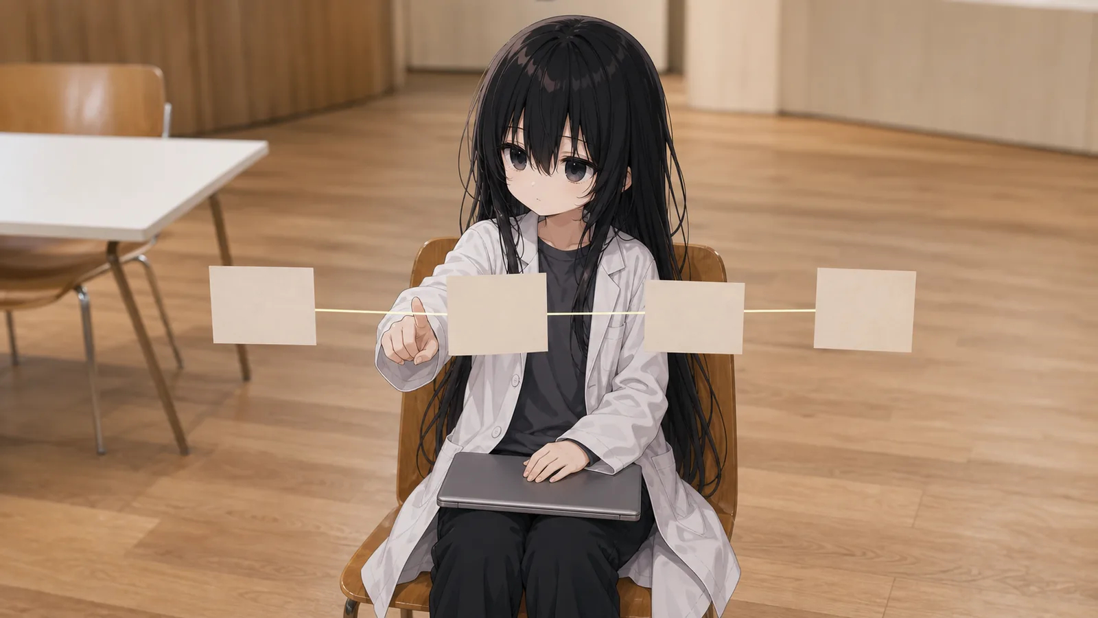 木床の会場で大人用の椅子に座り、膝の上の閉じたノートPCへ片手を置きながら、横一列に並ぶ四枚の無地カードをつなぐ線へ指を伸ばす白衣姿の僕