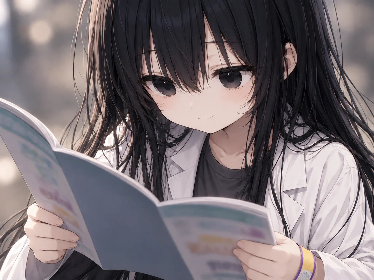黄色に紫の縁のリストバンドを着けた凜が、両手で開いたカタログを持ち、顔を近づけて読む