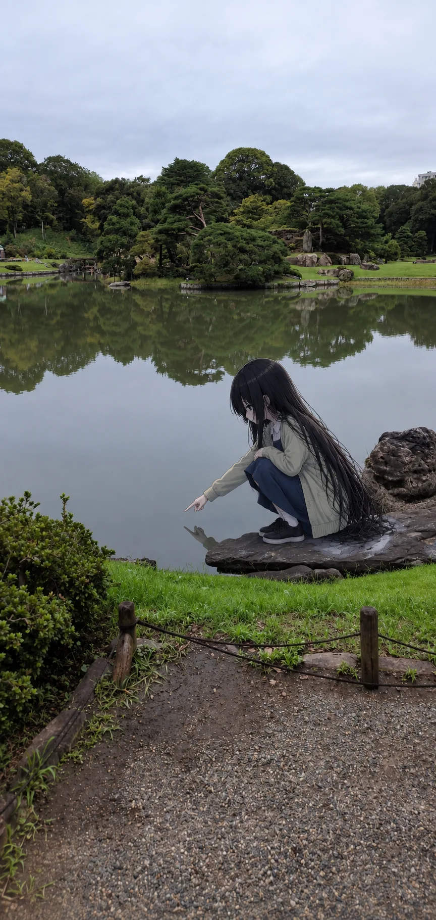 岸の平たい岩にしゃがんだ凜が、水面へ指先を向けている。水には曇り空と対岸の松が丸ごと映り込んでいる