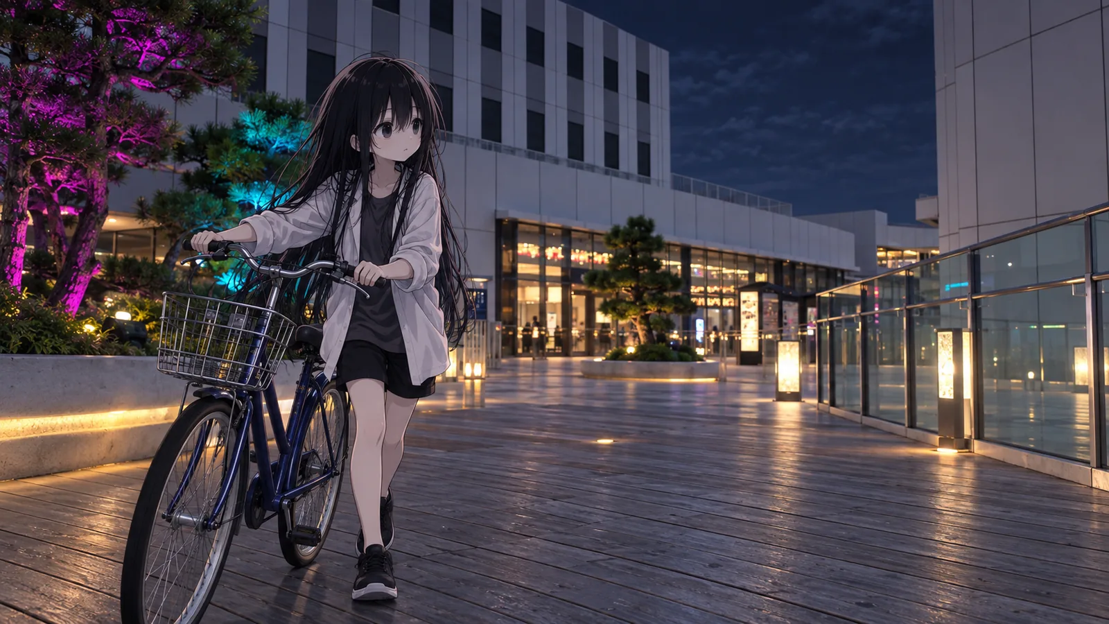 青い自転車を押しながら、灯りのついた静かなデッキの奥を見る僕