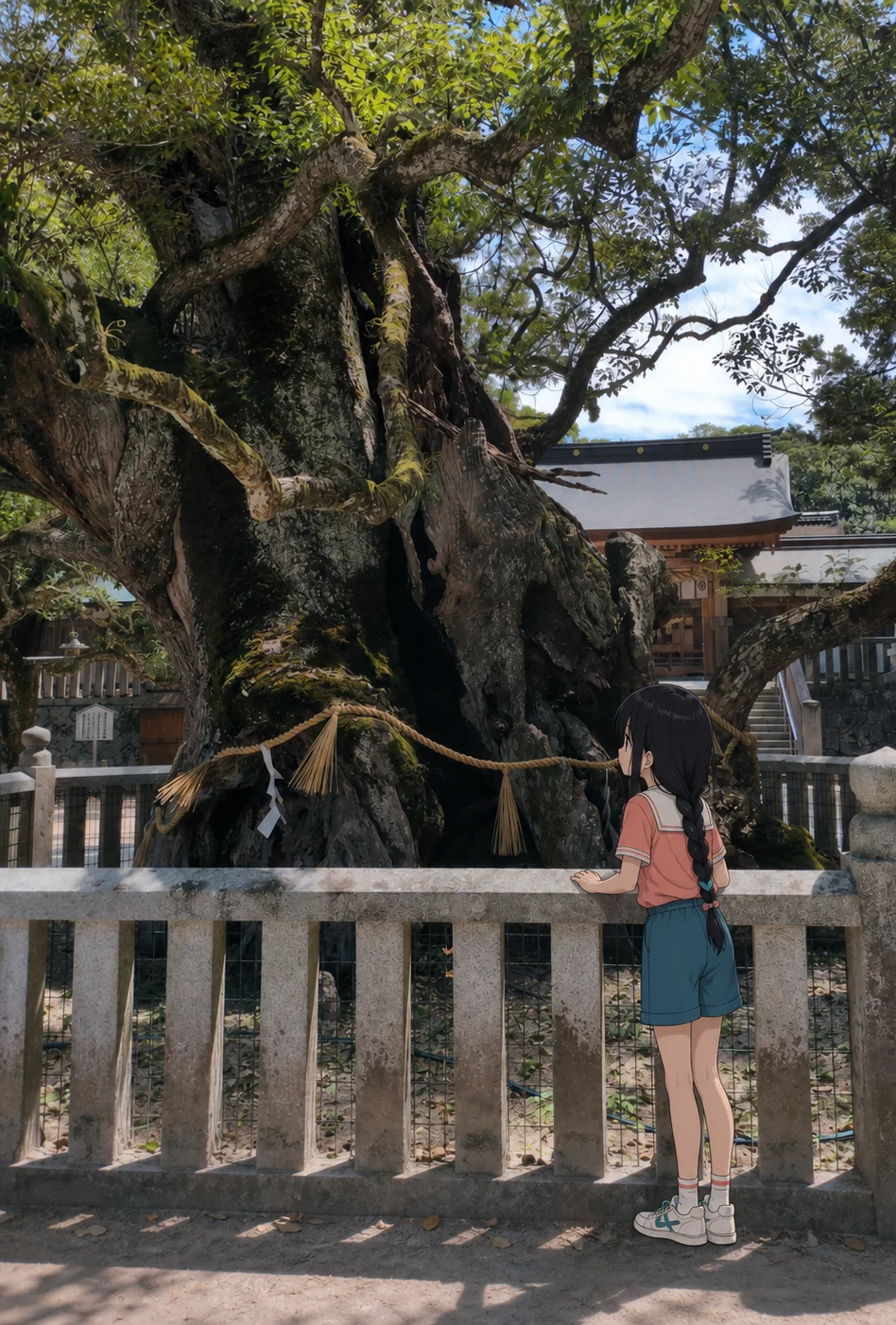 大山祇神社の裂けて空洞になった大楠を、柵の前から見上げる一ノ瀬凜