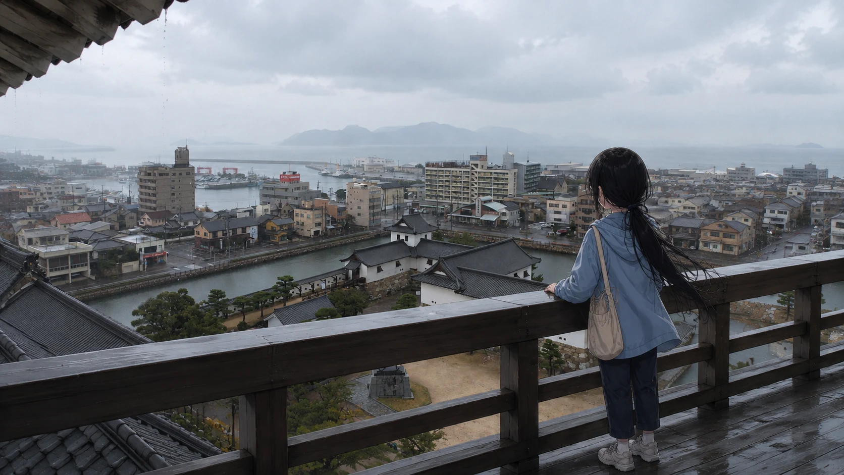 今治城天守の最上階の窓から、堀と町と港を見下ろす一ノ瀬凜