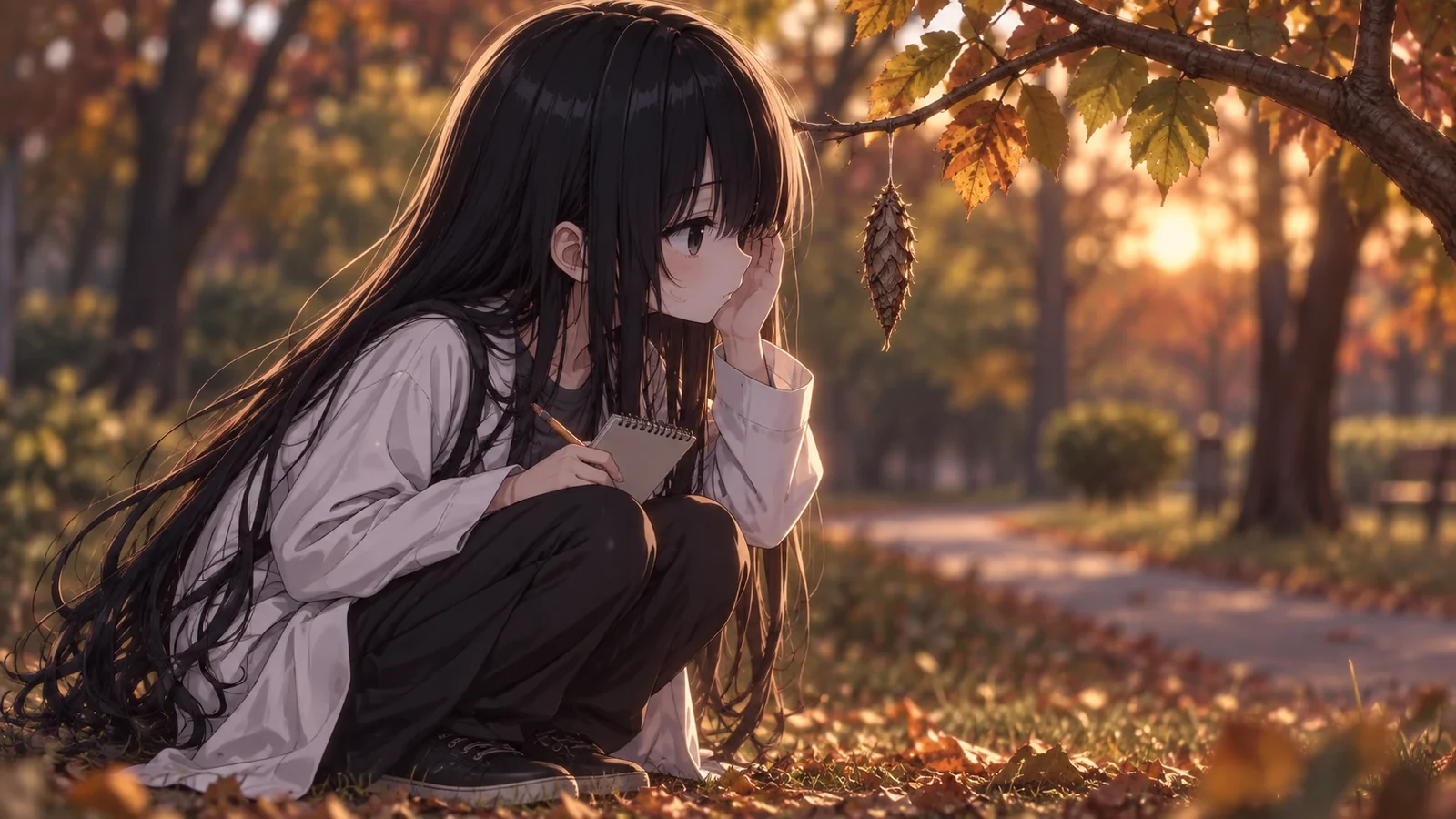 枝から下がる蓑虫を観察する凜