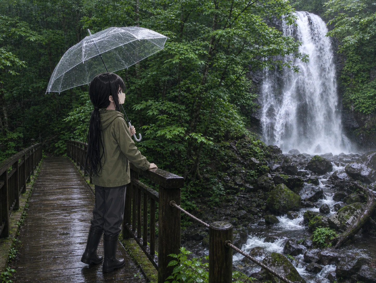 雨の小野川不動滝を見上げる凜