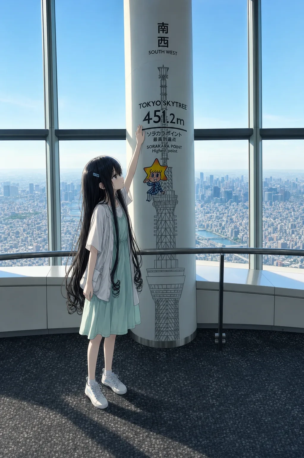スカイツリーの最高到達点に立つ凜