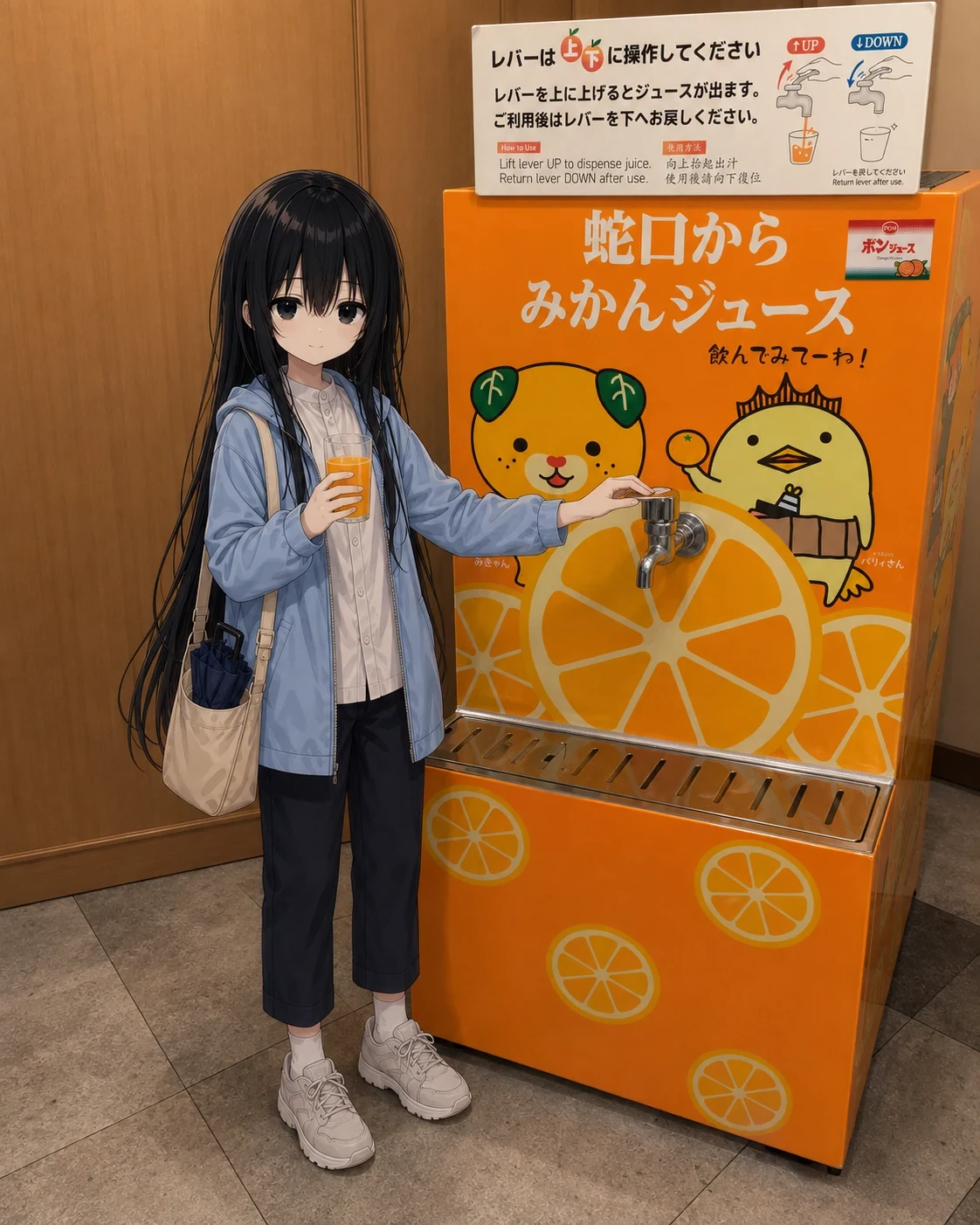 松山で蛇口のみかんジュースを飲む凜
